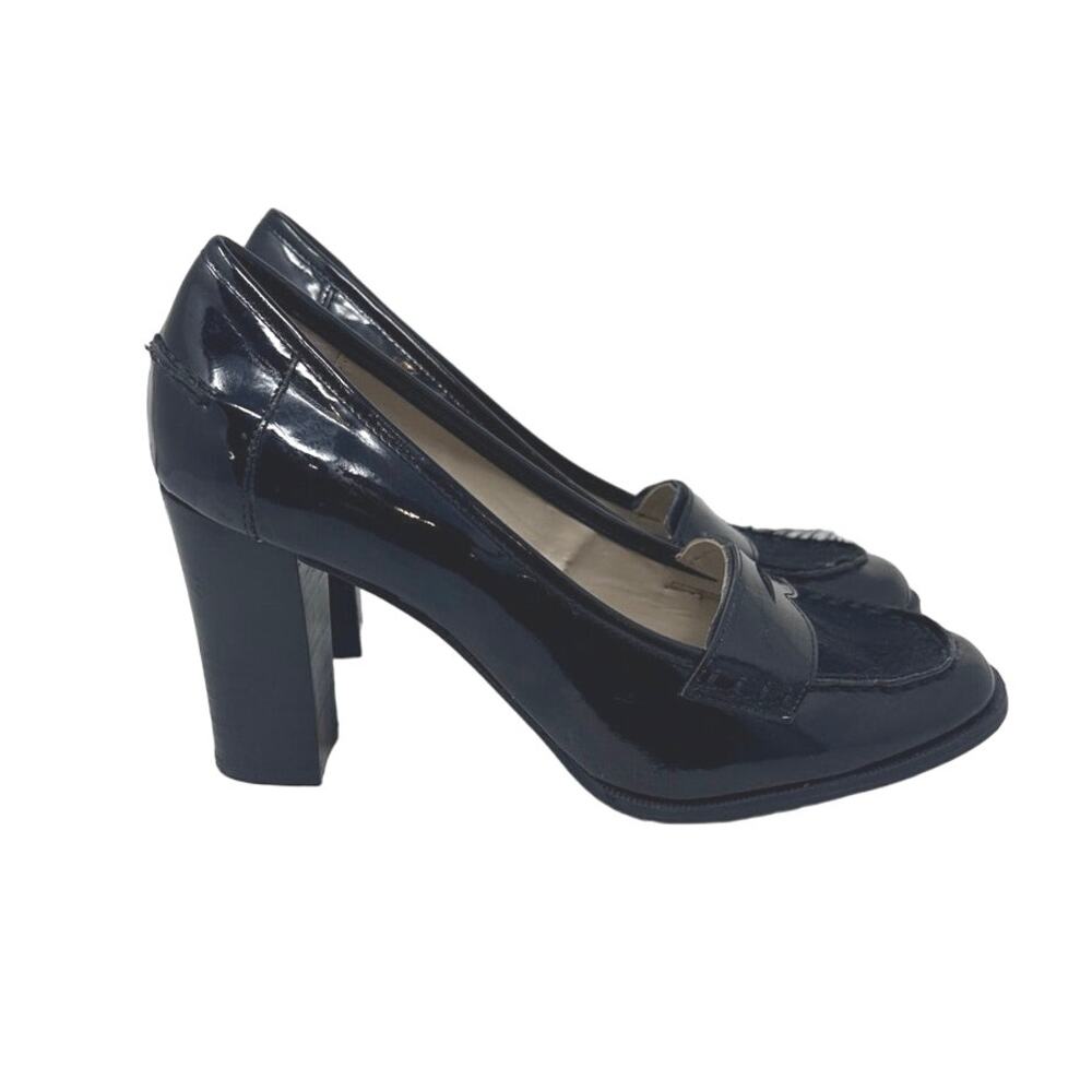 Ellen Tracy black patent leather faux fur loafer heel size 9